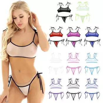 2 шт., женские мини-бикини, сетчатый прозрачный купальный костюм, топ с микро-бюстгальтером и стрингами, трусы-стринги, нижнее белье фиолетовый/белый