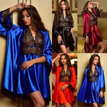 2 шт. женские сексуальные атласные кружевные пижамы Babydoll женское белье ночная рубашка пижамный комплект WGHK4793a S чёрный