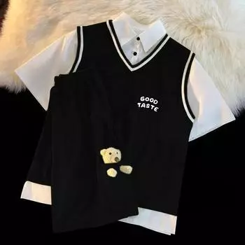 2 шт., женские шорты с милым медведем, шорты, костюм, спортивный костюм, студенческая футболка с короткими рукавами + шорты, летняя рубашка-поло из двух частей, свободный спортивный костюм S зелёный