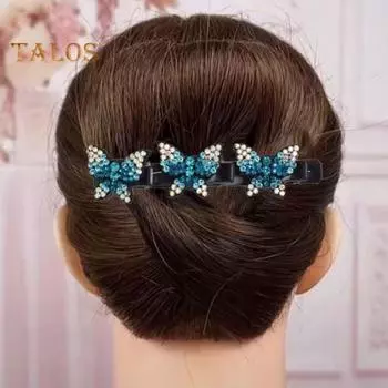 2 шт. женские шпильки для волос сверкающие искусственные хрустальные бабочки декор плетеные заколки для волос двухслойные шпильки для волос с челкой синий
