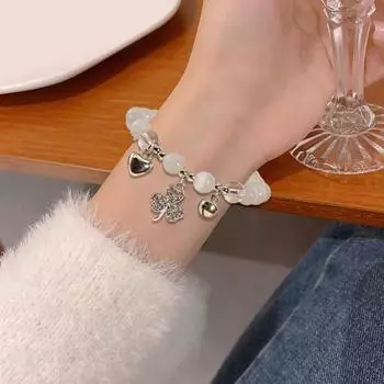 2 шт. женский браслет искусственный опал колокольчик клевер кулон сердце горный хрусталь декор лунный камень браслет регулируемая длина подарок на день рождения запястье ювелирные изделия 2pcs