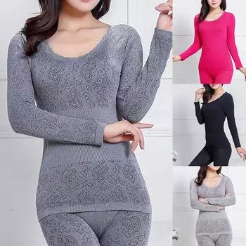 2 шт., женский зимний топ с круглым вырезом, длинные брюки, термобелье, комплект пижамы Shaper one size абрикосовый