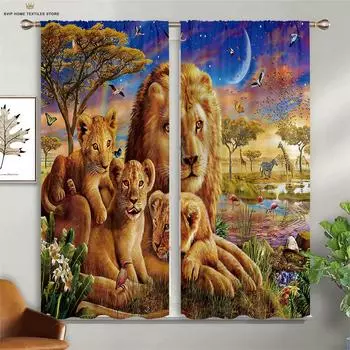 2 шт. животных лев черная пантера 3d печать шторы черные шелковые затемняющие теплоизоляционные шторы оконные шторы W100xH130(CM) folio&Grommet Top