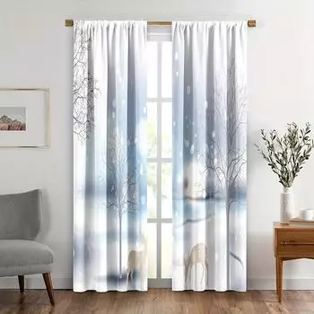 2 шт. Зимняя занавеска с изображением оленя, рождественские шторы с изображением оленя, леса, оленя, снега и снежинок, зимняя ткань для оформления окон в фермерском доме и охоте 150x166cm