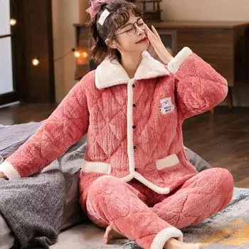 2 шт. Зимняя женская теплая домашняя одежда пижамы женская фланелевая толстая коралловая флисовая милая мультяшная пижама большого размера шерстяная пижама M