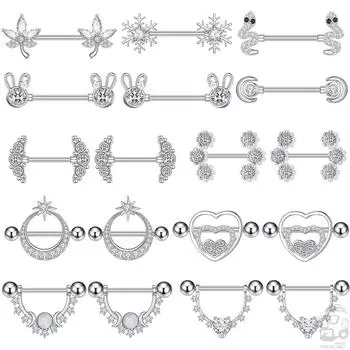 2 шт., змея, кролик, сердце, пирсинг сосков, женские кольца для сосков, крышка, штанга, щиток для груди, кристалл, сталь, 14 г, ювелирные изделия для пирсинга