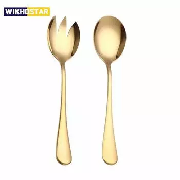 2 шт. Золотая ложка для салата, вилка, ложка для салата, набор столовых приборов из нержавеющей стали, набор ложек, красочная уникальная ложка, кухонный инструмент серебряный
