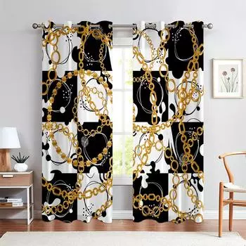 2 шт. золотистый узор ретро металлический принт шторы, спальня гостиная кухня карнизы люверсы полупрозрачные декоративные шторы W50xH140(CM)x2PCS&Grommet Top