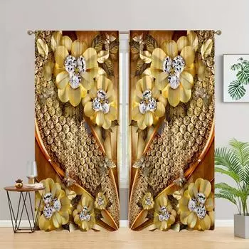2 шт. Золотой цветок Кристалл занавеска кабинет кухня гостиная общежитие карниз карман оконные шторы спальня аксессуары домашний декор W50H60(CM)x2PCS&Hook