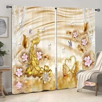 2 шт. Золотой дворец цветок павлин лебедь напечатанный карнизный карниз занавеска для спальни кухни кабинета офиса гостиной домашнего декора 100W130H(CM)40x51in&rod pocket