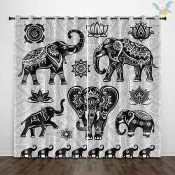2 шторы в стиле бохо с принтом животных и слонов, используемые для украшения спален и гостиных. 140x160cm&Grommet Top
