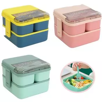 2-слойный контейнер для ланча с вилкой и ложкой для микроволновой печи Bento Boxe, портативный контейнер для хранения еды, столовые приборы для детей и работников