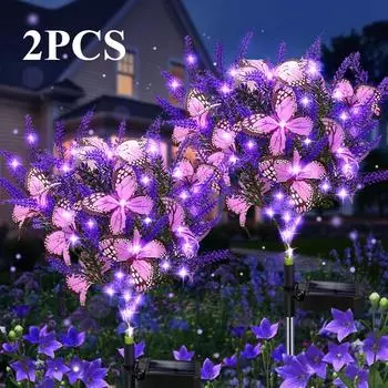2 солнечных 7-головочных лавандовых с бабочкой цветочных фонаря светодиодных уличных анти-настоящих цветочных фонаря, садовая световая декорация, двор, тропинка, задний двор