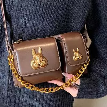 2 сумки, роскошная сумка, маленькие сумки через плечо для женщин, клатч с цепочкой, металлический кролик, брендовая сумка на плечо, женская сумка из искусственной кожи