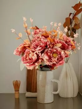 2 связки искусственных пионов, искусственные цветы с денежными листьями, искусственные пионы для дома, свадебного стола, украшение в центре стола синий