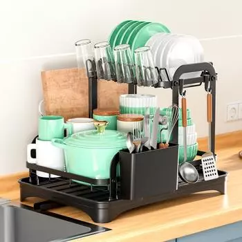 2-Tier Dish Drying Rack With Drainboard Set- Large Metal Dish Racks With Drainage,For Efficient Dish Drying And Organization чёрный