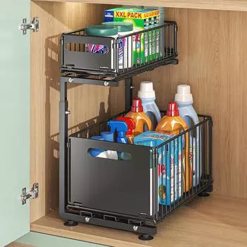 2 Tier Pull Out Under Sink Organizer Adjustable Height Kitchen Storage Rack Sliding Out Cabinet Organizer Drawers Spice Jar Rack чёрный