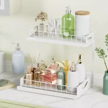 2-уровневый выдвижной держатель для хранения полок. Нескользящая конструкция. Простая сборка. Компактный размер. Металлический органайзер. белый