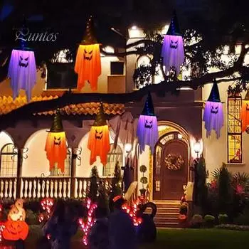 2 упаковки Хэллоуинских огней, жуткая подвесная ведьмина шляпа, привидение, работающее от батареек, Хэллоуинская лампа для крыльца двора 2pcs