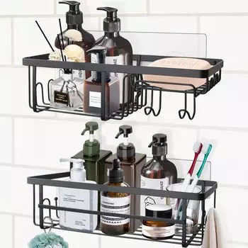 2 упаковки клейкой полки для душа с 14 крючками, органайзер для душа из нержавеющей стали с держателем для мыла, душевая стойка без сверления чёрный