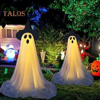2 упаковки украшений для привидения на Хэллоуин, уличное светящееся стоящее привидение в шляпе ведьмы, жуткая фигурка привидения с дистанционным управлением для крыльца двора 2pcs