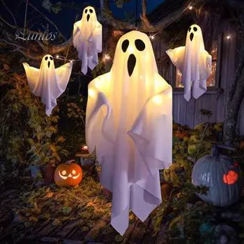 2 упаковки украшений на Хэллоуин, жуткие подвесные знаки-призраки со светом, работающие от батареек, для украшения входной двери во дворе для вечеринки 2pcs белый