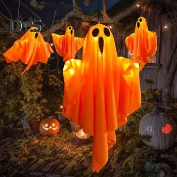 2 упаковки украшений на Хэллоуин, жуткие подвесные знаки-призраки со светом, работающие от батареек, для украшения входной двери во дворе для вечеринки 2pcs белый