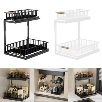 2-уровневая полка под раковиной, регулируемая выдвижная полка для хранения, стильная полка из углеродистой стали, прочный кухонный органайзер для специй чёрный