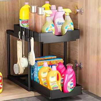 2-уровневый органайзер под раковиной, выдвижной шкаф, корзина, ящик, выдвижной, многоцелевой, стеллаж для хранения, органайзер для раковины для кухни, ванной комнаты