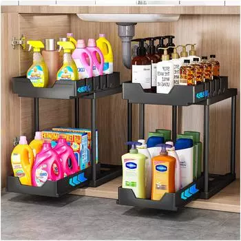 2-уровневый органайзер под раковиной, выдвижной шкаф, корзина, ящик, выдвижной, многоцелевой, стеллаж для хранения, органайзер для раковины для кухни, ванной комнаты