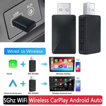 2 в 1 беспроводной адаптер Carplay, беспроводной адаптер Android Auto, Plug and Play, WiFi, Bluetooth5.0, автоматическое подключение, мини-USB-ключ 5 В чёрный