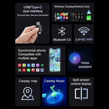 2 в 1 беспроводной CarPlay Android Auto адаптер совместимый с Bluetooth 5.0 WiFi Type-C/USB для OEM автомобильной стереосистемы Plug And Play адаптер a1