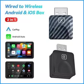 2 в 1 беспроводной CarPlay и Android Auto проводной беспроводной адаптер Smart USB Dongle USB и Type-C двойной разъем Fast Connect чёрный