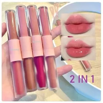 2 в 1 Блеск для губ Матовый блеск для губ с увлажняющей помадой Стойкий красный блеск для губ Водостойкий пигмент для губ Макияж для девочек Тинт для губ Косметика