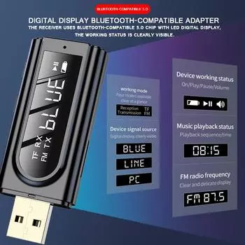 2-в-1 Bluetooth 5.0 передатчик приемник автомобильный светодиодный передатчик FM модулятор TF кард-ридер стерео качество звука с удобным чёрный