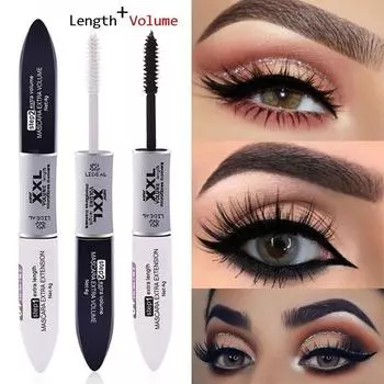 2 в 1 черная тушь для ресниц Водонепроницаемый объем из шелкового волокна с двойным эффектом Долговечный макияж для завивки глаз