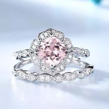 2-в-1 Изысканные цветочные кольца Morganite, набор, подарок на День святого Валентина, женское обручальное кольцо, ювелирные изделия 6 платиновый