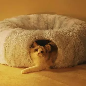 2 в 1 Круглая кошачья кровать, домик, забавная игрушка-туннель для кошек, мягкая, длинная, плюшевая собачья кровать для маленьких собак, корзина, коврик для котят, будка, глубокий сон серый