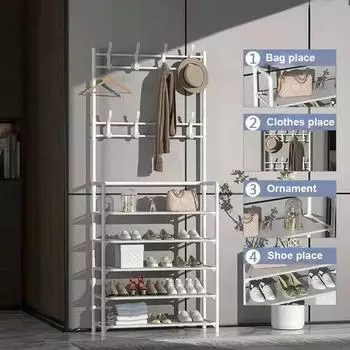 2 в 1 Органайзер для обуви и одежды Многоцелевая вешалка из углеродистой стали Экономящая место напольная полка для обуви Многослойный органайзер для хранения