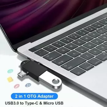 2 в 1 OTG адаптер USB 3.0 на Type C Micro USB штекерный разъем алюминиевый сплав чёрный