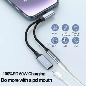 2 в 1 OTG Elbow USB Type C на 3,5 мм AUX Jack аудио адаптер для наушников разветвитель 60 Вт быстрая зарядка для Samsung Xiaomi iPhone 15