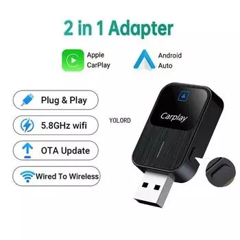 2-в-1 проводной беспроводной адаптер Carplay Android Auto Smart Dongle для iPhone Android Phone для OEM проводной CarPlay Android чёрный