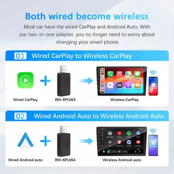 2-в-1 проводной и беспроводной адаптер CarPlay Android Auto для штатной автомобильной стереосистемы с USB Plug and Play