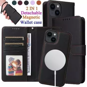 2 в 1 съемный магнитный кожаный чехол-кошелек с откидной крышкой для iPhone 15 14 13 12 Pro Max Xs Max Xr 8 / Samsung S24 S23 S22 S21 Ultra Plus A14 A13 A54 A53 A52 iPhone 6/6S чёрный