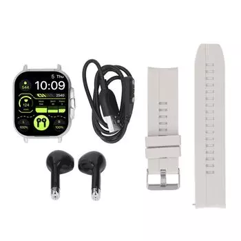 2 в 1 Смарт-часы с наушниками 2,01-дюймовый HD сенсорный экран Bluetooth вызов фитнес-трекер спорт серебряный