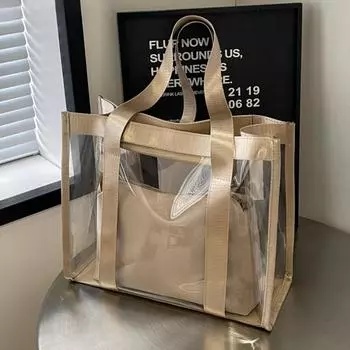 2-в-1 сумка на плечо для женщин ПВХ прозрачная водонепроницаемая большая вместительная сумка для шоппинга пляжная сумка летняя последняя сумка 36x28x12 cm хаки