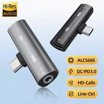 2 в 1 USB Type-C на USB C/3,5 мм адаптер для наушников ЦАП аудио Aux преобразователь 32 бит/384 кГц цифровой декодер PD27W быстрая зарядка чёрный