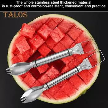 2-в-1 вилка для резки арбуза из нержавеющей стали, легкий инструмент для резки фруктов, легкий портативный нож для фруктовых вилок с двойной головкой для домашней кухни, кемпинга серебряный
