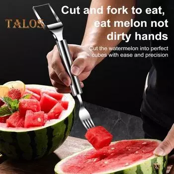 2-в-1 вилка-резка для арбуза, резак для фруктов из нержавеющей стали, портативные компактные инструменты для резки фруктов для семейных вечеринок, для кемпинга, нарезка для груш, манго серебряный