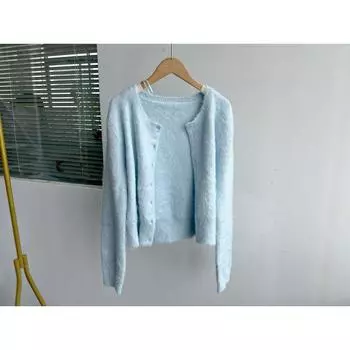 2 Wall 1-1 Simple Korean Series Mink Fur Soft Glutinous Light Blue Knit Outer Wear Age-Reducing Slimming Cardigan Top J25-4 Light blue (without deduction) S